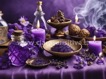 Tavolo rituale con candele viola, boccette e fiori