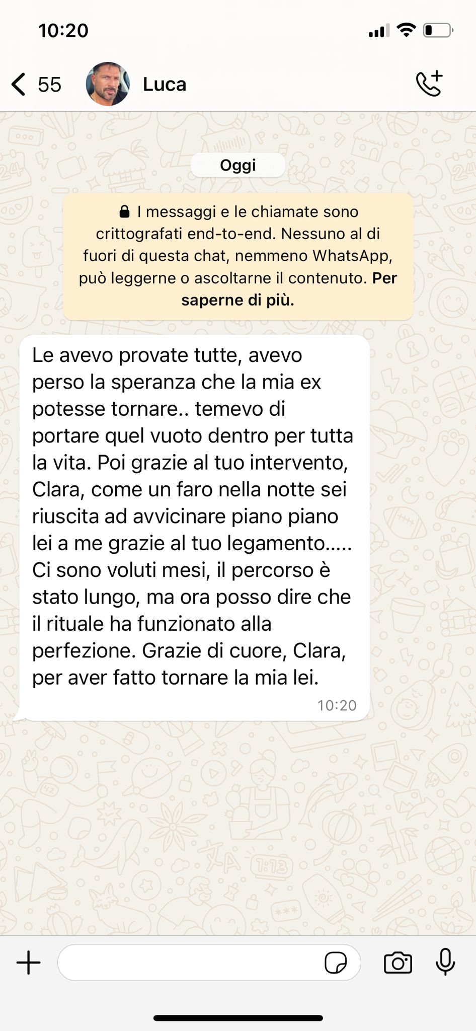 Messaggio WhatsApp di Luca: ringrazia Clara perché dopo mesi di percorso il legamento d'amore ha riavvicinato la sua ex.